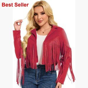 Faux Suede Leather Fringe Jacket Tassel Western Motorcycle Coat